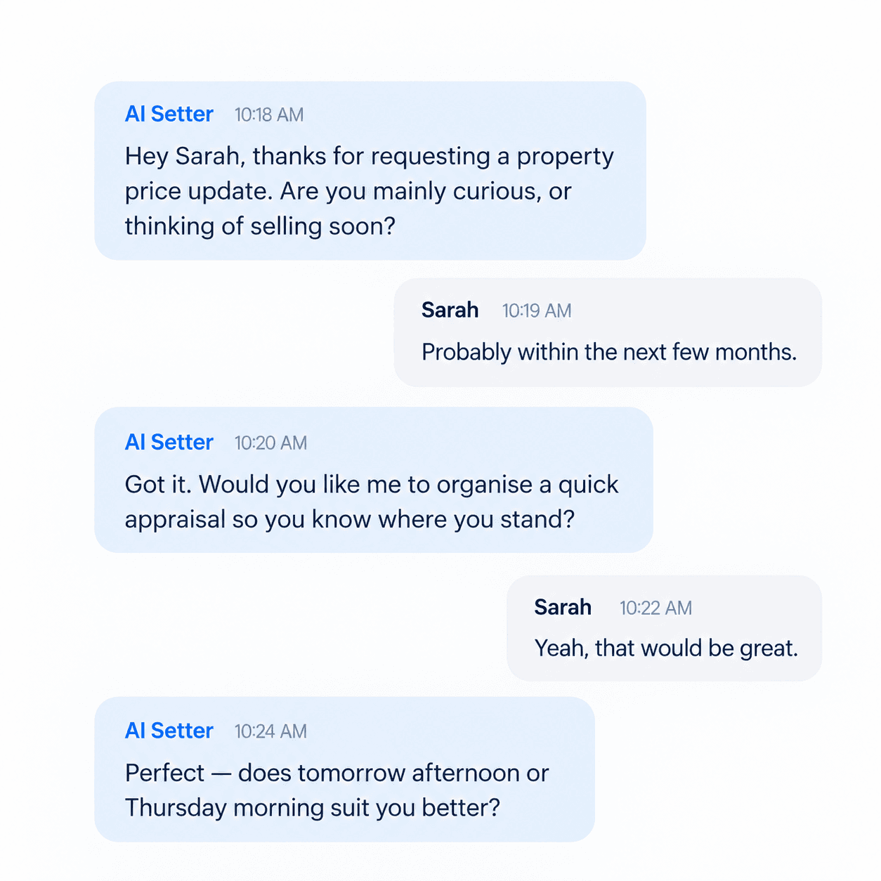 Illustrative AI conversation: Sarah is considering selling in the next few months, accepts an appraisal offer and is offered appointment times.